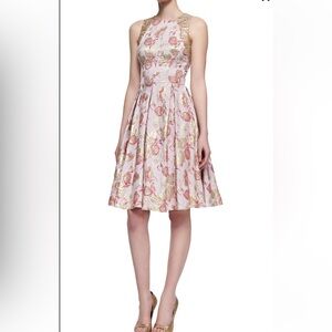Carmen Marc Valvo Floral Print Sleeveless Jacquard Dress Pink Gold, Size 4